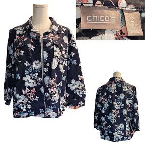 Womens CHICOS sz 2 Large Casual Floral Jacket Blue